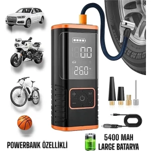 Dijital Ekranlı  Enshall 5400 Mah 4ın1 Çakmaklıklı Şarjlı Taşınabilir Araç Lastik Top Şişirme Pompası Oto Hava Kompresörü