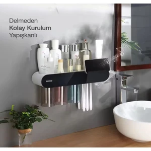 Yapışkanlı Manyetik 3'Lü Bardak Tutuculu Diş Macunu Sıkacağı Ve Tutacağı Banyo Düzenleyeci Siyah