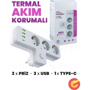 Termal Akım, Çocuk Korumalı 3'lü Duvar T Priz 3xusb 1xtype-C 20W, Isıya Dayanıklı Topraklı Üçlü Priz