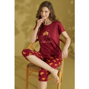 Kadın Desenli Bisiklet Yaka Düğmesiz Pamuklu Yazlık Kısa Kol Kapri Pijama Takımı