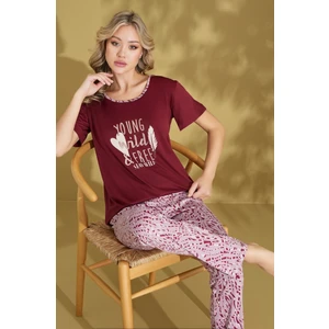 Kadın Desenli Bisiklet Yaka Düğmesiz Pamuklu Yazlık Kısa Kol Pijama Takımı