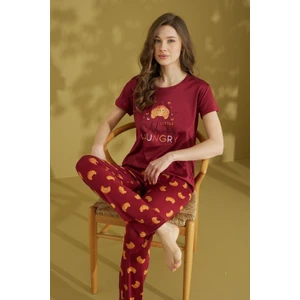 Kadın Desenli Bisiklet Yaka Düğmesiz Pamuklu Yazlık Kısa Kol Pijama Takımı