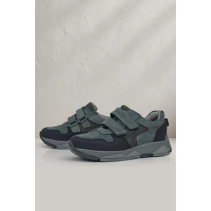 Hakiki Deri Koyu Gri Siyah Çocuk Cırtlı Sneakers Spor Ayakkabı