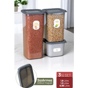 3'lü Sızdırmaz Silikon Kapaklı Etiketli Kare Erzak Bakliyat Saklama Kabı Antrasit 1900-1300-650 ml