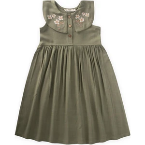 Nakışlı Roba Yaka Keten Elbise 2-7 Yaş Haki Yeşil