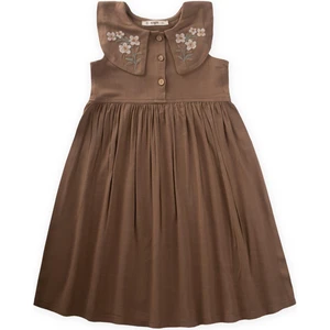 Nakışlı Roba Yaka Keten Elbise 2-7 Yaş Caramel