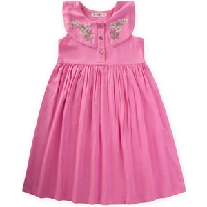 Nakışlı Roba Yaka Keten Elbise 2-7 Yaş Pembe