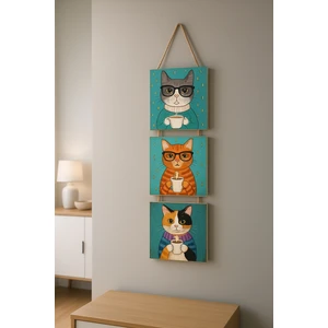 Kedi Tablo Dekoratif Mdf Tablo 3 Parça İpli