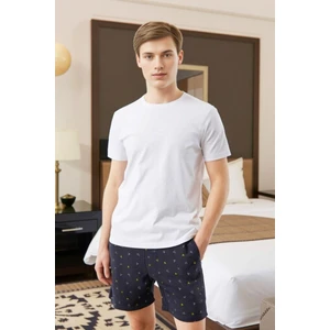 Elemge %100 Pamuk Erkek Şort Pijama Cepli Desenli Penye Esnek Rahat Kalıp Lastikli Terletmez Esnek Lacivert Ev Şortu Pijama Altı