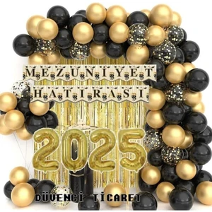 Düvenci Ticaret 2025 Temalı Siyah Altın Mezuniyet Parti Süsleme Seti – Balon, Afiş ve 50 Parça Dekor