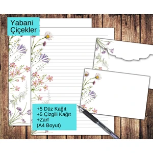 Yabani Çiçekler Zarflı Mektup Not Kağıdı, +5 Düz Kağıt +5 Çizgili Kağıt +Zarf (A4 Boyut)