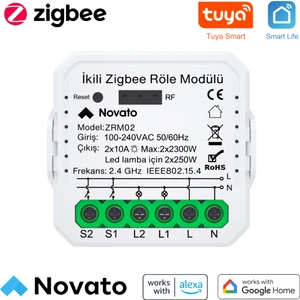 Tuya Uyumlu Zigbee Çift Çıkışlı Akıllı Anahtar (10A - 220V Röle) Anahtar Girişli, Google Asistan, Alexa Home Assistant Zigbee2MQTT ZHA Destekli Switch