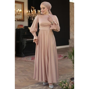 Bisküvi Tesettür Saten Abiye Elbise 5983BS
