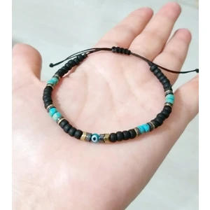 Funny Takı Hematit Doğaltaşlı Turkuaz Rengi Cam Nazar ve Miyuki Round Boncuklu Unisex Bileklik