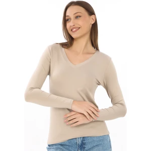 Yumuşak, Rahat ve Şık Viskon V Yaka Tişört-Bej