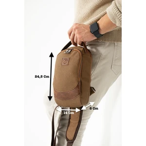 Unisex Suni Deri ve Kanvas Kumaş Çapraz Göğüs ve Omuz Çantası Body Bag - Taba