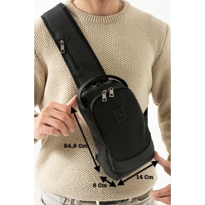 Unisex Suni Deri ve Kanvas Kumaş Çapraz Göğüs ve Omuz Çantası Body Bag - Siyah
