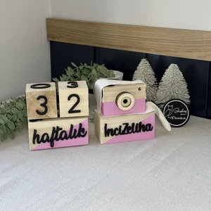 Baykuş Craft Mimarlık İsimli Renkli 3 Boyutlu Bebek Ahşap Hatıra Küpü Anı Küpü + Ahşap Fotoğraf Makinesi Seti / Türkçe / Pembe