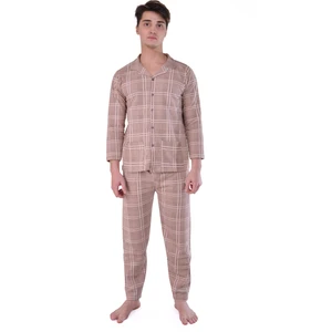 Aysun Tekstil Pamuklu Kumaştan Geniş Kesim Ceket Yaka Kahverengi Ekose Desenli Önden Komple Düğmeli Erkek Pijama Takımı