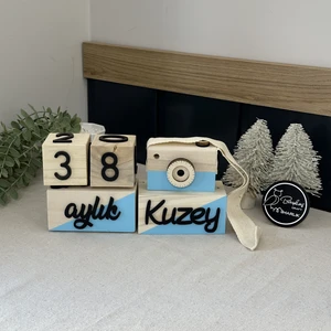 Baykuş Craft Mimarlık İsimli Renkli 3 Boyutlu Bebek Ahşap Hatıra Küpü Anı Küpü + Ahşap Fotoğraf Makinesi Seti / Türkçe / Mavi