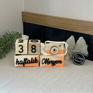 Baykuş Craft Mimarlık İsimli Renkli 3 Boyutlu Bebek Ahşap Hatıra Küpü Anı Küpü + Ahşap Fotoğraf Makinesi Seti / Türkçe