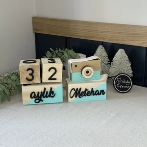 Baykuş Craft Mimarlık Renkli 3 Boyutlu Bebek Ahşap Hatıra Küpü Anı Küpü + Ahşap Fotoğraf Makinesi Seti / Türkçe / Mint