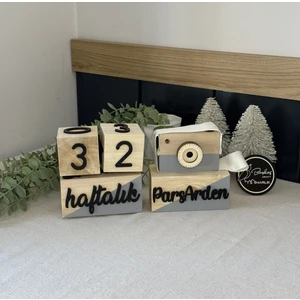 Baykuş Craft Mimarlık İsimli Renkli 3 Boyutlu Bebek Ahşap Hatıra Küpü Anı Küpü + Ahşap Fotoğraf Makinesi Seti / Türkçe / Gri