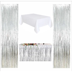 Beyaz Masa Örtüsü, Gümüş Masa Eteği, 2 Adet Gümüş Arka Fon