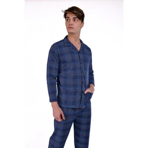 Aysun Tekstil Pamuklu Kumaştan Geniş Kesim Ceket Yaka Lacivert  Ekose Desenli Önden Komple Düğmeli Erkek Pijama