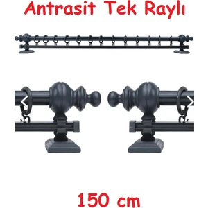 Vilart Antrasit Tek Raylı Ahşap Rustik Perde Askısı - Al Rustik Borusu 150 cm