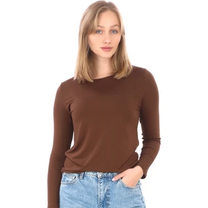 Penye Bizden Kadın Bisiklet Yaka Viskon Likra Uzun Kollu Tişört-Kahve