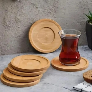 Mucit Home  6'lı Bambu Çay Tabağı Seti, Yuvarlak Bambu Çay Bardağı Altlığı