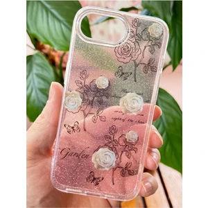 Apple iPhone 16E Uyumlu Kılıf Simli Beyaz Gül Desenli Renkli Parlak Darbe Emici Kapak