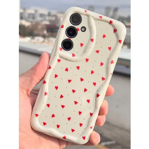 Samsung Galaxy S24 / S25 Kılıf Kamera Korumalı Dalga Kenarlı Kırmızı Kalp Desenli Silikon Kapak