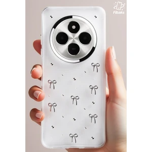 Xiaomi Redmi 14C Uyumlu Kılıf Fiyonk Desenli Şeffaf Simli Gümüş Kamera Çıkıntılı Parlak Kapak