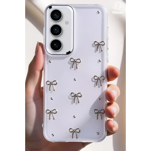 Samsung Galaxy S23 Fe Uyumlu Kılıf Fiyonk Desenli Şeffaf Simli Gümüş Kamera Çıkıntılı Parlak Kapak