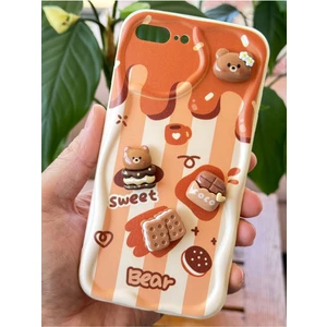 Apple iPhone 7 / 8 Plus Kılıf Tasarımlı Desenli Kamera Korumalı Ayıcık Bisküvi Renkli Cofffe Silikon