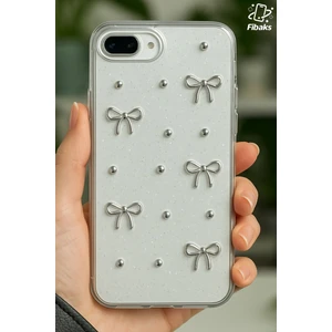 Apple iPhone 7 / 8 Plus Kılıf Fiyonk Desenli Şeffaf Simli Gümüş Kamera Çıkıntılı Parlak Kapak