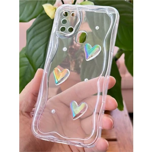 Samsung Galaxy A21S Kılıf 3D Kalpli Inci Tasarımlı Desenli Kamera Korumalı Şeffaf Silikon Kapak