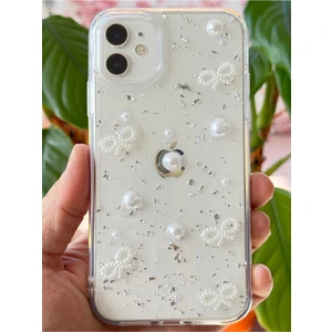 Apple iPhone 11 Kılıf Fiyonk ve Inci Desenli Şeffaf Simli Kamera Çıkıntılı Parlak Kapak
