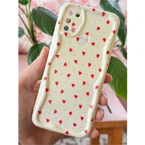 Samsung Galaxy A21S Kılıf Kamera Korumalı Dalga Kenarlı Kırmızı Kalp Desenli Silikon Kapak