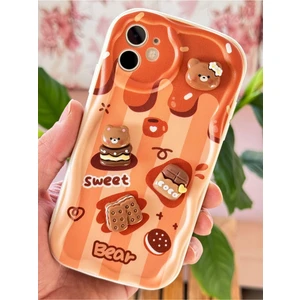 Apple iPhone 12 Uyumlu Kılıf Tasarımlı Desenli Kamera Korumalı Ayıcık Bisküvi Renkli Cofffe Silikon Kapak