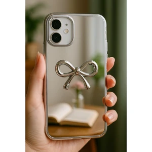 Apple iPhone 11 Uyumlu Kılıf Aynalı Gümüş 3D Fiyonk Desenli Darbe Emici Silikon Kapak