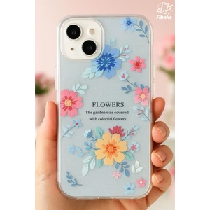 Apple iPhone 15 Uyumlu Kılıf Mavi Simli Çiçek Desenli Renkli Parlak Darbe Emici Kapak