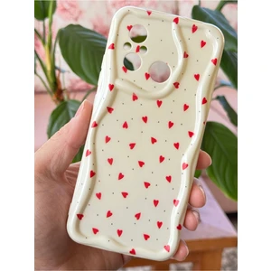 Xiaomi Redmi 12C Kılıf Kamera Korumalı Dalga Kenarlı Kırmızı Kalp Desenli Silikon Kapak