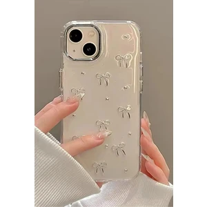 Apple iPhone 13 - 14 - 15 Kılıf Fiyonk Desenli Şeffaf Simli Gümüş Kamera Çıkıntılı Parlak Kapak