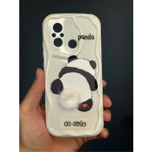 Xiaomi Redmi 12C Uyumlu Kılıf Tasarımlı Desenli Kamera Korumalı Panda Beyaz Püsküllü Silikon Kapak