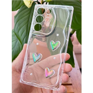 Samsung Galaxy S25 Ultra Kılıf 3D Kalpli Inci Tasarımlı Desenli Kamera Korumalı Şeffaf Silikon Kapak
