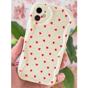 Apple iPhone 12 Kılıf Kamera Korumalı Dalga Kenarlı Kırmızı Kalp Desenli Silikon Kapak