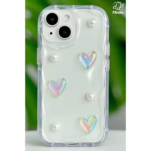 Apple iPhone 14 Plus Kılıf 3D Kalpli Inci Tasarımlı Desenli Kamera Korumalı Şeffaf Silikon Kapak
